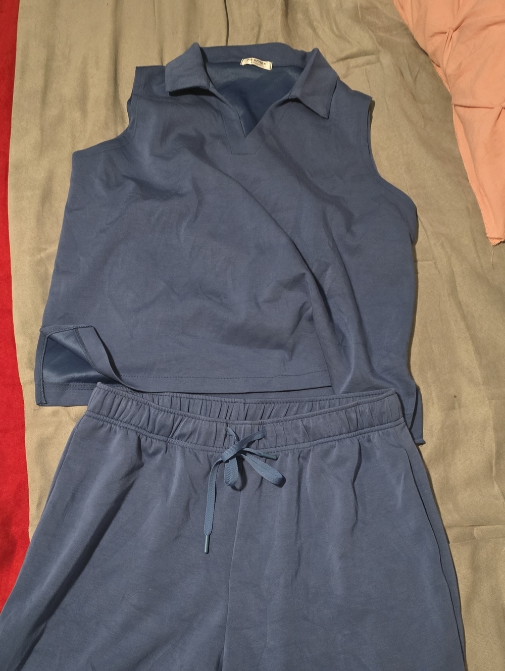 Sleeveless Collared Top & Drawstring Joggers Set - Blue